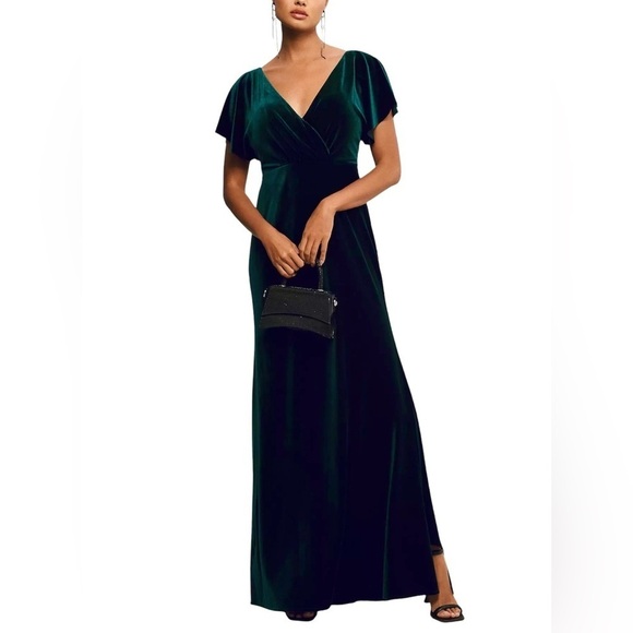 Jenny Yoo Ellis Flutter Sleeve Open Back Velvet Gown Size 8 Emerald Green Dress - Picture 1 of 16